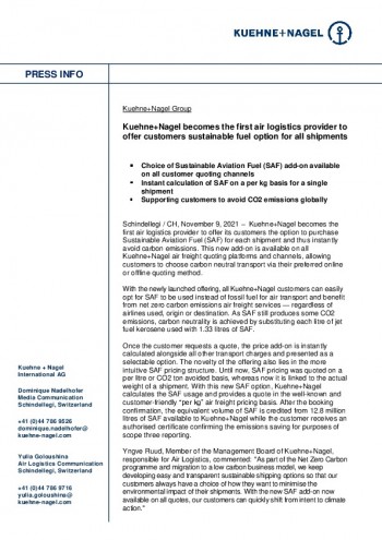 Press info Kuehne+Nagel first to offer sustainable fuel option for all shipments