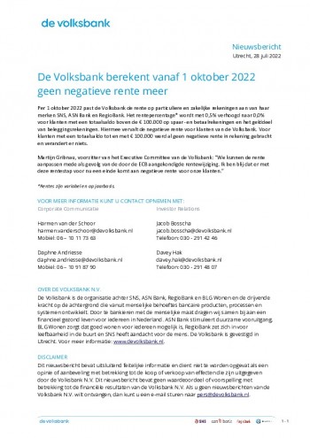 Nieuwsbericht - De Volksbank berekent vanaf 1 oktober 2022 geen negatieve rente meer