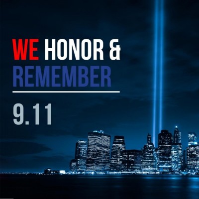911 -instagram - We honor and remember - 9/11 - over an image of the new york sky line at night with two beams of light in place of the twin towers. 911 -instagram