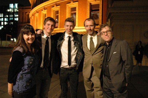 2.Outside the venue (l to r) Music Service tutor Jan Morter, Will Paget, James Graham, and tutors Chuck Lloyd and Nick Wright