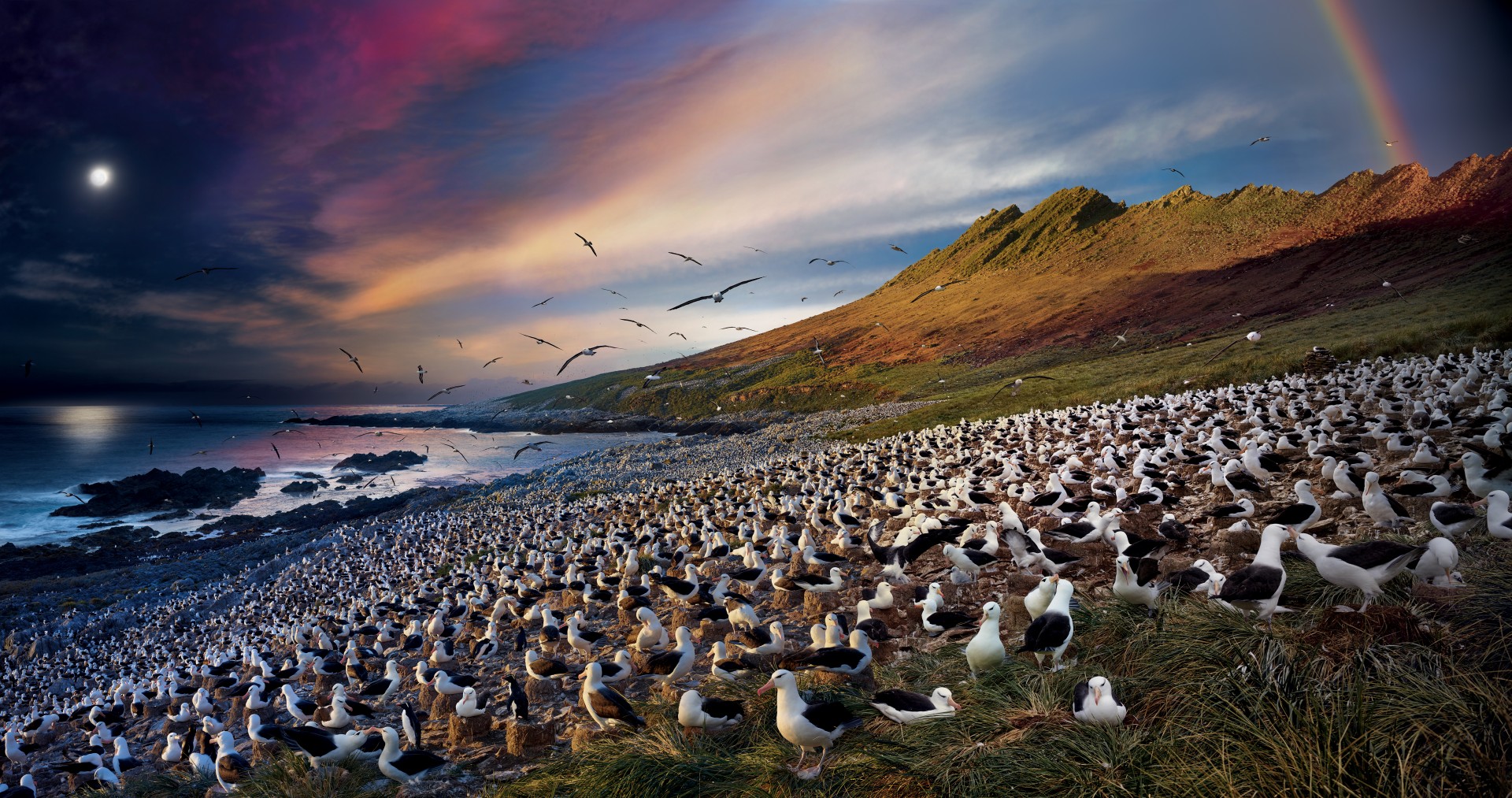 Black-browed albatrosses and southern rockhopper penguins at Steeple Jason, Falkland Islands. Albatrosses roost by the sea, sharing the grassy incline with penguins. While these albatrosses sit on their nests, warming and protecting their chicks, their partners soar above the ocean, swooping down to catch prey. The birds winter on the Patagonian Shelf and in estuaries in Argentina, and return to the same colony. To reach this remote location, Wilkes made his way through a phalanx of angry striated caracaras. Standing on a mound of tussac grass for a better vantage, he took 926 photos in 26 hours, using about 80 to make this image. PHOTOGRAPHED WITH PERMISSION OF THE WILDLIFE CONSERVATION SOCIETY. Black-browed albatrosses and southern rockhopper penguins at Steeple Jason, Falkland Islands. Albatrosses roost by the sea, sharing the grassy incline with penguins. While these albatrosses sit on their nests, warming and protecting their chicks, their partners soar above the ocean, swooping down to catch prey. The birds winter on the Patagonian Shelf and in estuaries in Argentina, and return to the same colony. To reach this remote location, Wilkes made his way through a phalanx of angry striated caracaras. Standing on a mound of tussac grass for a better vantage, he took 926 photos in 26 hours, using about 80 to make this image. PHOTOGRAPHED WITH PERMISSION OF THE WILDLIFE CONSERVATION SOCIETY.