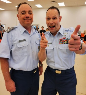Light moment - Chief Master Sgt. Todd H. Parsons (right) with Col. Bruce Heinlein, Mid-Atlantic Region commander, at the 2021 Virginia Wing Encampment graduation dinner. “We were getting our photo taken, and I was fooling around,” Parsons said. “I always do that to photographers. This was the first time anyone sent me the results.” Light moment