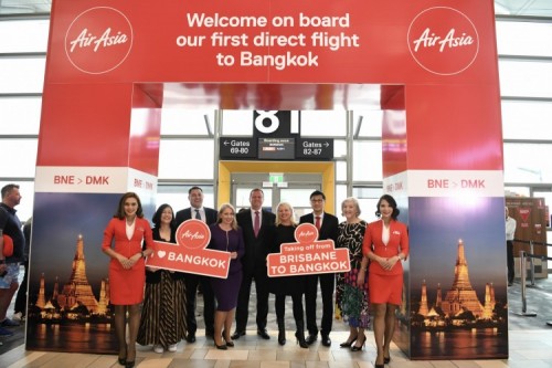 Brisbane-Bangkok service takes off - L-R Matana Thienthong , Regional Commercial Head AirAsia, Jim Parashos, Exec GM Aviation Development & Partnerships, The Hon Kate Jones MP, Gert-Jan de Graaff BAC CEO, Counsellor Krista Adams Deputy Mayor, Mr Phairat CFO Thai AirAsiaX, Leanne Coddington CEO Tourism & Events QLD Brisbane-Bangkok service takes off