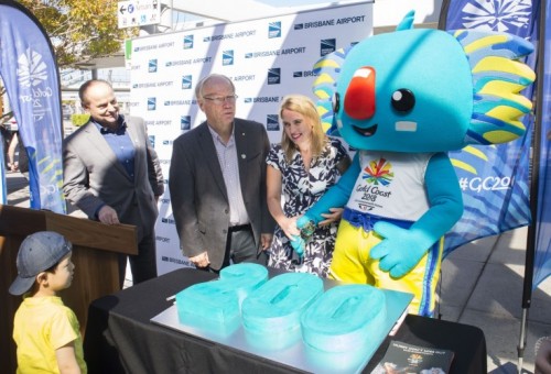 BAC GC2018 Stephen Goodwin, BAC Acting CEO, Minister Kate Jones, Min for Tourism, Major Events and the Commonwealth Games, Peter Beattie AC, Chairman GOLDOC, Borobi - BAC and GC2018 launch BAC GC2018 Stephen Goodwin, BAC Acting CEO, Minister Kate Jones, Min for Tourism, Major Events and the Commonwealth Games, Peter Beattie AC, Chairman GOLDOC, Borobi