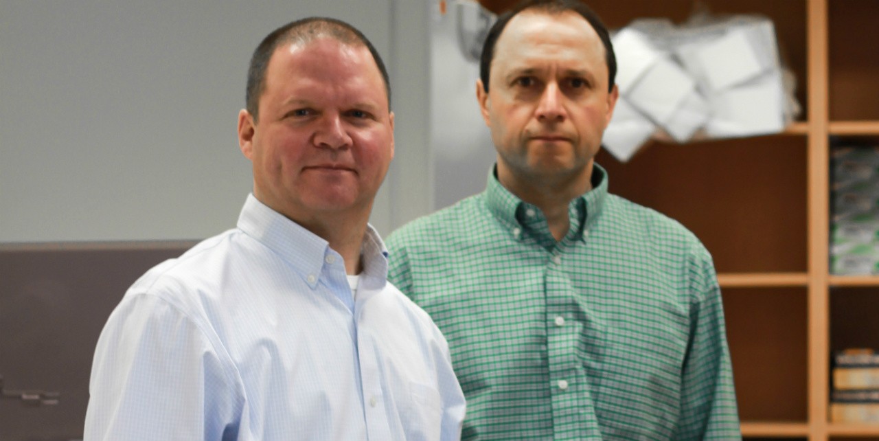 Matthias Götte (left) and research associate Egor Tchesnokov were part of a team that found an enzyme responsible for the propagation of the Ebola virus. The discovery will give researchers around the world the ability to study potential new treatments against Ebola without having to work in an extreme biosafety lab. (Photo: Melissa Fabrizio) Matthias Götte (left) and research associate Egor Tchesnokov were part of a team that found an enzyme responsible for the propagation of the Ebola virus. The discovery will give researchers around the world the ability to study potential new treatments against Ebola without having to work in an extreme biosafety lab. (Photo: Melissa Fabrizio)