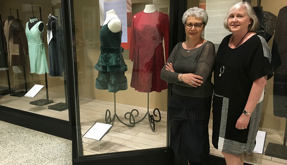 Instructor Vlada Blinova (left) and practicum co-ordinator Kathryn Chandler helped apparel design students showcase their upcycled fashions on display now at the re-Vision and re-Turn exhibition. “We hope it’s going to inspire people to be more informed consumers,” says Blinova. (Photo: Bev Betkowski) Instructor Vlada Blinova (left) and practicum co-ordinator Kathryn Chandler helped apparel design students showcase their upcycled fashions on display now at the re-Vision and re-Turn exhibition. “We hope it’s going to inspire people to be more informed consumers,” says Blinova. (Photo: Bev Betkowski)