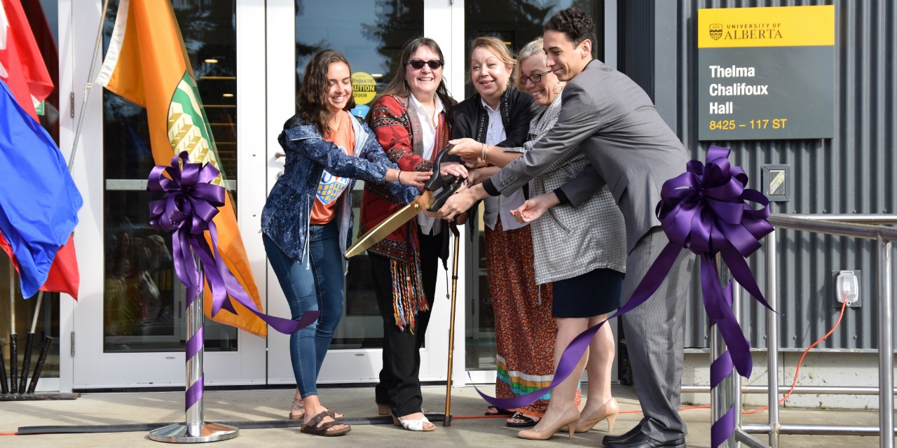 Thelma Chalifoux's daughters Debbie Coulter, Sharon Morin and Julie Handrahan (centre) cut the ribbon to officially open the new U of A residence named in Chalifoux's honour, with help from senior residence assistant Laura Dow (left) and Joaquin Calderon, VP for Thelma Chalifoux Hall for the Lister Hall Students' Association. (Photo: Eric Athanas) Thelma Chalifoux's daughters Debbie Coulter, Sharon Morin and Julie Handrahan (centre) cut the ribbon to officially open the new U of A residence named in Chalifoux's honour, with help from senior residence assistant Laura Dow (left) and Joaquin Calderon, VP for Thelma Chalifoux Hall for the Lister Hall Students' Association. (Photo: Eric Athanas)