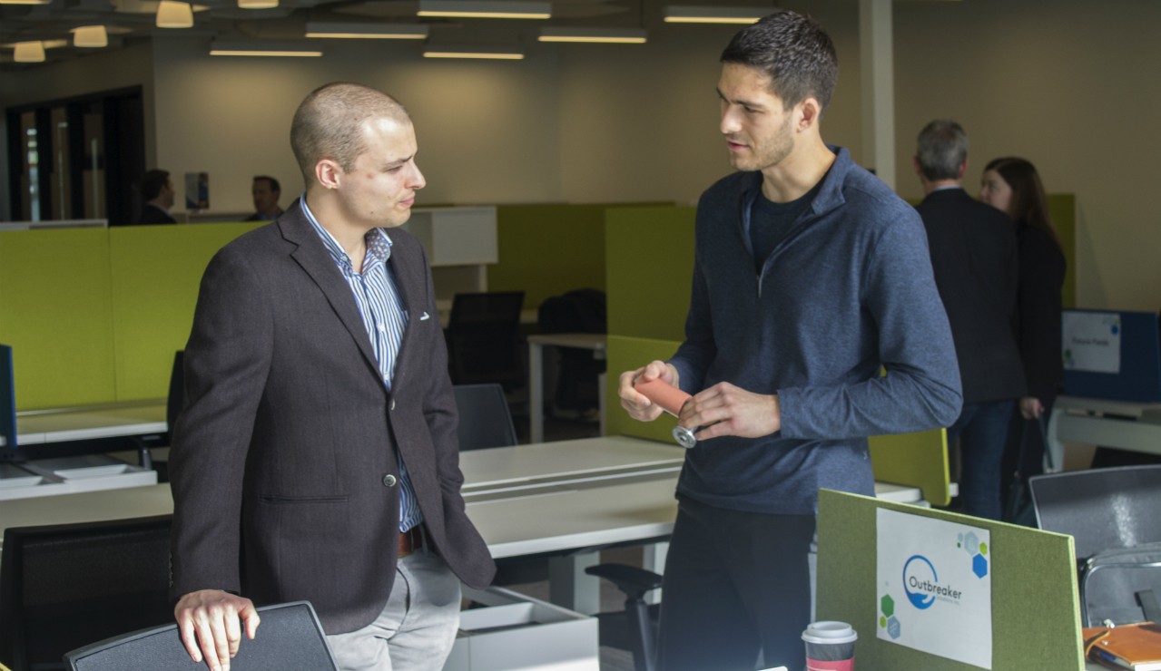 Brayden Whitlock (left), a PhD candidate at the U of A and research director of Outbreaker Solutions, speaks with the company's operations and finance director, Matt Hodgson, at today's grand opening of the TEC Centre Labs. The $2.3-million space is home to two business accelerators aimed at speeding health innovations globally and locally. (Photo: Ross Neitz) Brayden Whitlock (left), a PhD candidate at the U of A and research director of Outbreaker Solutions, speaks with the company's operations and finance director, Matt Hodgson, at today's grand opening of the TEC Centre Labs. The $2.3-million space is home to two business accelerators aimed at speeding health innovations globally and locally. (Photo: Ross Neitz)