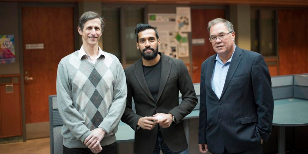 (From left) Computing scientists Russ Greiner and Sunil Kalmady worked with psychiatry professor Andrew Greenshaw to improve the accuracy of an AI-based diagnostic tool for schizophrenia. The program can predict with 87 per cent accuracy whether a patient has the illness by analyzing a brain scan. (Photo: Karim Ali) (From left) Computing scientists Russ Greiner and Sunil Kalmady worked with psychiatry professor Andrew Greenshaw to improve the accuracy of an AI-based diagnostic tool for schizophrenia. The program can predict with 87 per cent accuracy whether a patient has the illness by analyzing a brain scan. (Photo: Karim Ali)