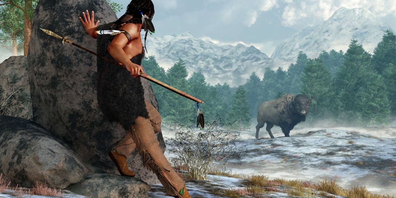 Artist's rendering of an ancient Indigenous hunter carrying an atlatl and spear while stalking a bison in the Rocky Mountains. U of A archeologists analyzed samples of atlatls at a site in northern Oregon and found that small versions of the weapons were probably used to train very young children to use them proficiently. (Image: Getty) Artist's rendering of an ancient Indigenous hunter carrying an atlatl and spear while stalking a bison in the Rocky Mountains. U of A archeologists analyzed samples of atlatls at a site in northern Oregon and found that small versions of the weapons were probably used to train very young children to use them proficiently. (Image: Getty)