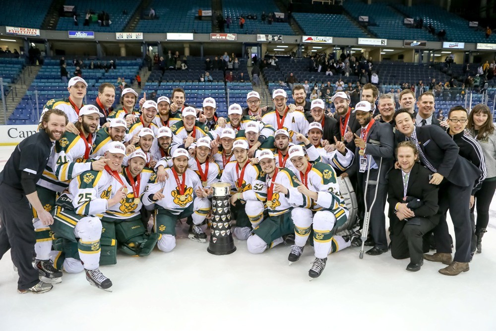 Golden Bears hockey won its record 14th national championship with a 3-1 win over the University of Saskatchewan Huskies in late March in Saskatoon. The U of A men’s hockey program—the most successful program in the long history of Canadian university men’s hockey—has played in a record 37 national championship tournaments and 19 gold-medal games. Golden Bears hockey won its record 14th national championship with a 3-1 win over the University of Saskatchewan Huskies in late March in Saskatoon. The U of A men’s hockey program—the most successful program in the long history of Canadian university men’s hockey—has played in a record 37 national championship tournaments and 19 gold-medal games.