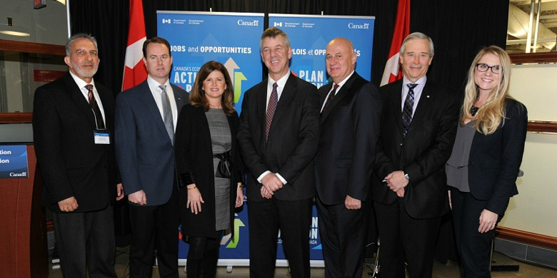 Speakers at the announcement of Canada Accelerator and Incubator Program funding (from left): Kashmir Gill (NRC-IRAP), Brad Ferguson (EEDC), Hon. Rona Ambrose (minister of health), Chris Lumb (TEC Edmonton), Henry Kutarna (Innovate Calgary), Cy Frank (AIHS) and Stephanie Zakala (Orpyx Medical Technologies). Missing: Edmonton city councillor Michael Oshry. Speakers at the announcement of Canada Accelerator and Incubator Program funding (from left): Kashmir Gill (NRC-IRAP), Brad Ferguson (EEDC), Hon. Rona Ambrose (minister of health), Chris Lumb (TEC Edmonton), Henry Kutarna (Innovate Calgary), Cy Frank (AIHS) and Stephanie Zakala (Orpyx Medical Technologies). Missing: Edmonton city councillor Michael Oshry.