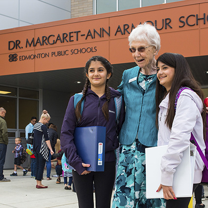 Among the numerous awards and honours Margaret-Ann Armour received in recognition of her dedication to science and technology education, a school in Edmonton was named after her in 2016. She attended every first day of a new school year to greet students with hugs, handshakes and words of encouragement. (Photo: John Ulan) Among the numerous awards and honours Margaret-Ann Armour received in recognition of her dedication to science and technology education, a school in Edmonton was named after her in 2016. She attended every first day of a new school year to greet students with hugs, handshakes and words of encouragement. (Photo: John Ulan)