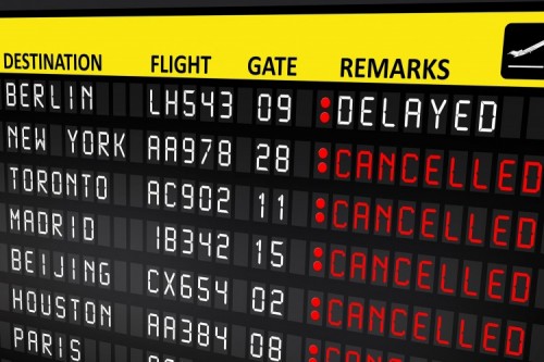 PHOTO HOLIDAY - Flight delayed or cancelled display panel in airport; Shutterstock ID 244133692 PHOTO HOLIDAY