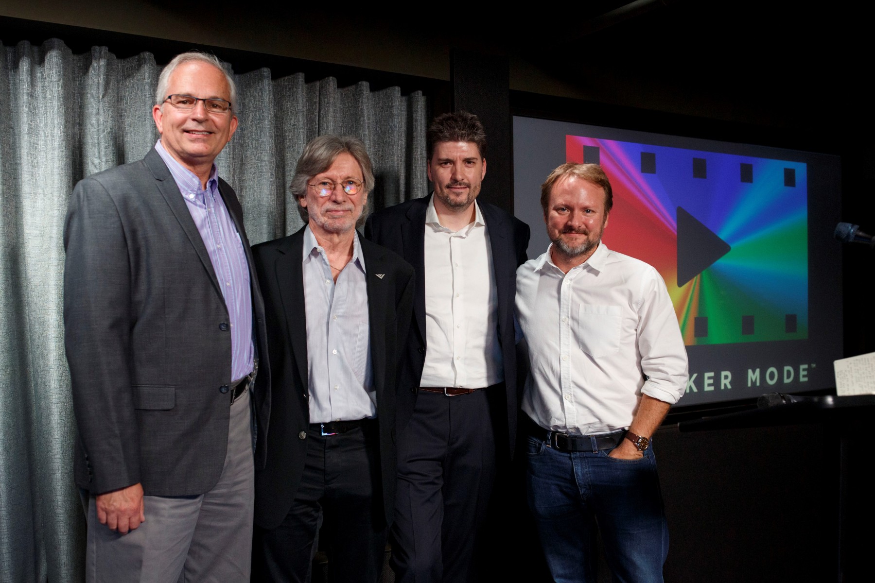 (L-R)Ron Martin -Sr. Vice President / Director of Research & Development at Panasonic Hollywood Laboratory, Kenneth Lowe – Vice President & Co-Founder – Vizio, Michael Zink – UHD Alliance Chairman, VP of Technology at Warner Bros, Rian Johnson – Director of Star Wars: The Last Jedi and the soon to be released, Knives Out (L-R)Ron Martin -Sr. Vice President / Director of Research & Development at Panasonic Hollywood Laboratory, Kenneth Lowe – Vice President & Co-Founder – Vizio, Michael Zink – UHD Alliance Chairman, VP of Technology at Warner Bros, Rian Johnson – Director of Star Wars: The Last Jedi and the soon to be released, Knives Out