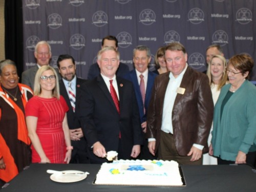 IMG_6788 - Supreme Court of Missouri judges and Missouri Bar leaders prepare to cut a cake at the Spring Committee Meetings May 10, 2019, in Jefferson City to in celebration of the state bar's 75th anniversary. IMG_6788