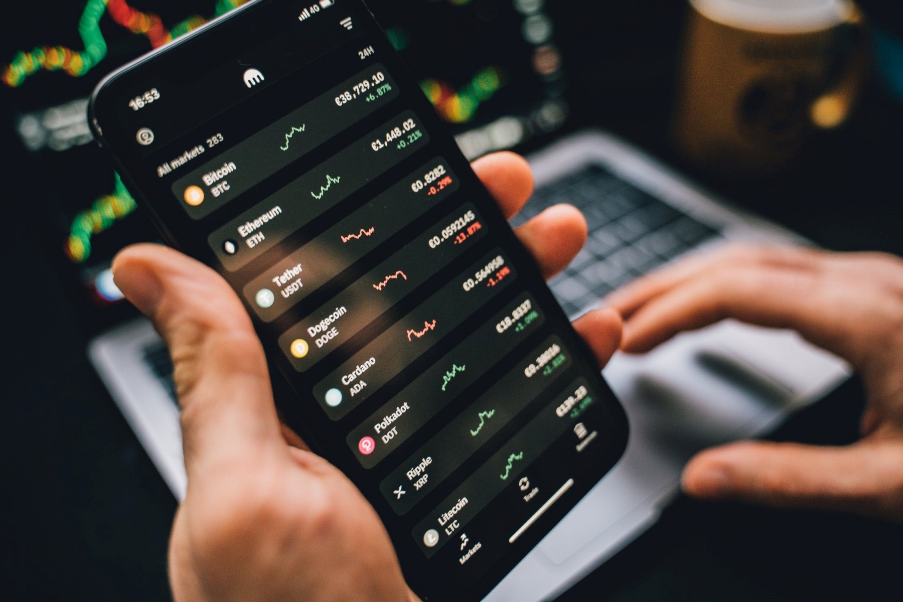 Online trading - Retail trader uses phone for crypto trading Online trading