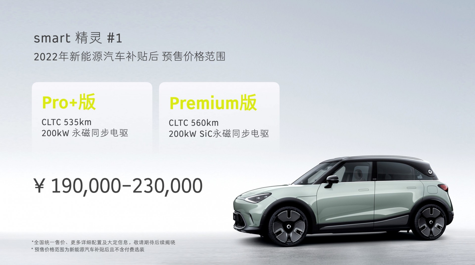 全新smart精灵#1 Pro+版、Premium版预售价格范围(新能源汽车补贴后且不含付费选装) - 全新smart精灵#1 Pro+版、Premium版预售价格范围(新能源汽车补贴后且不含付费选装)