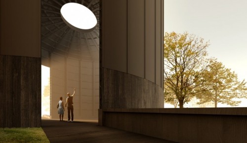 Serpentine Pavilion 2022 Black Chapel designed by Theaster Gates. Design render, interior view. © 2022 Theaster Gates Studio, courtesy: Serpentine - Serpentine Pavilion 2022 Black Chapel designed by Theaster Gates. Design render, interior view. © 2022 Theaster Gates Studio, courtesy: Serpentine