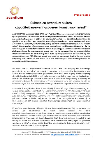 20260901 Sukano en Avantium sluiten capaciteitreserveringsovereenkomst voor releaf&reg;