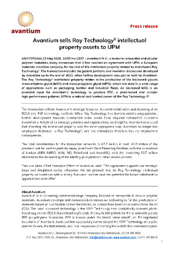 20260513 Avantium sells Ray Technology intellectual property to UPM