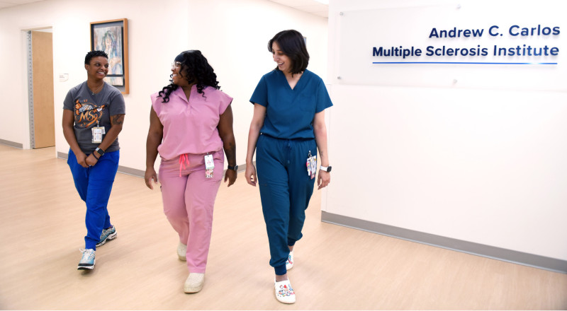 MS Institute nurses A’Yesha Jones, Amber McLarty, and Vishwa Dave with MS Institute sign