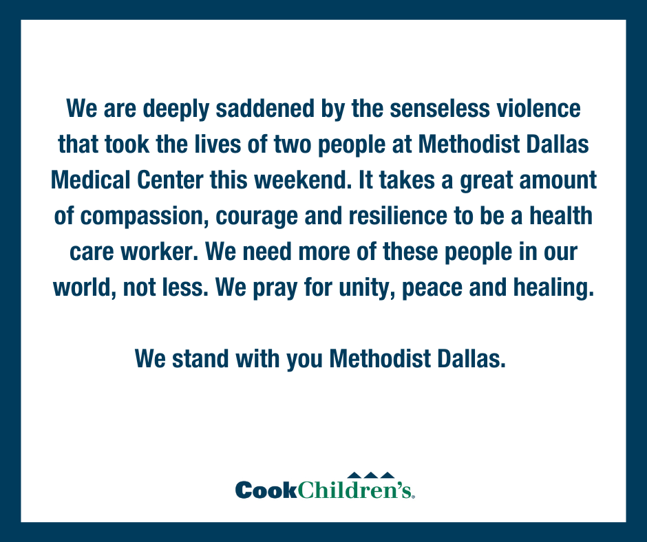 We are deeply saddened by the senseless violence that took the lives of two people at Methodist Dallas Medical Center this weekend. It takes a great amount of compassion, courage and resilience to be a health ca