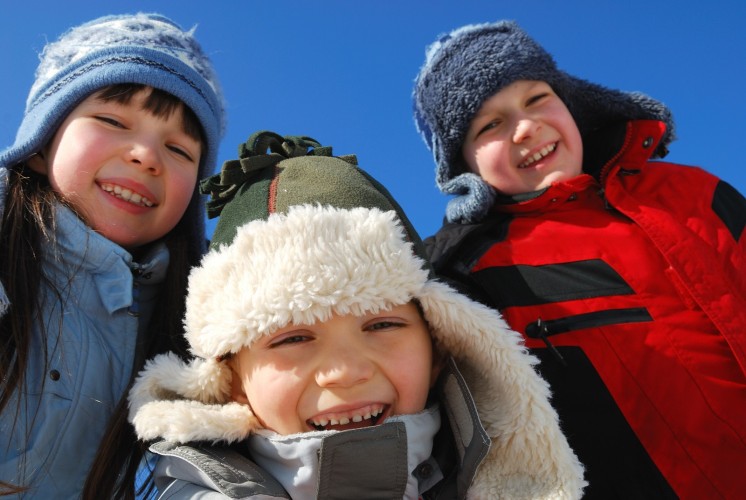 Three Kids Outside In Winter