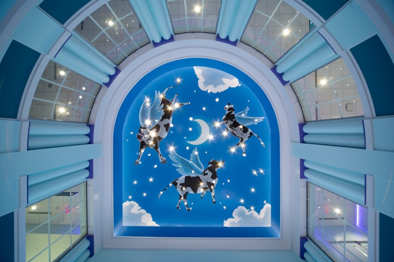 Another view of the painting of flying cows.
