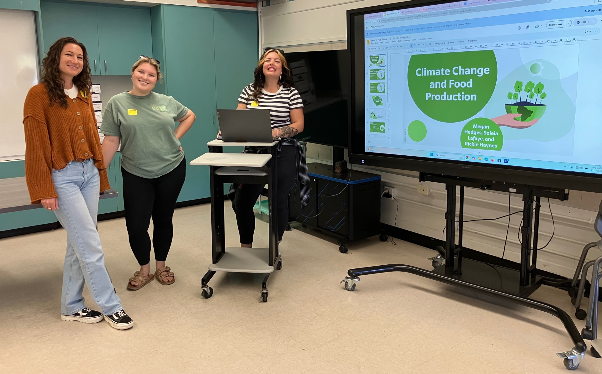 From left to right, students Soleia Lafaye, Megan Hedges and Rickie Haynes worked with sixth-grade students at Vallecitos Elementary school on climate action education. From left to right, students Soleia Lafaye, Megan Hedges and Rickie Haynes worked with sixth-grade students at Vallecitos Elementary school on climate action education.