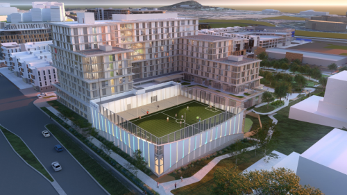 An artist's rendering shows the exterior of CSUSM's new Student Wellness & Recreation Center. Rendering by Safdie Rabines Architects