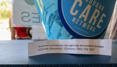 Students can also grab fortunes from the Cougar Care Network cart. Each fortune is written by CCN staff, MSW interns and service-learning students. The fortunes offer motivating messages for students. Photo by Kaylie Barron