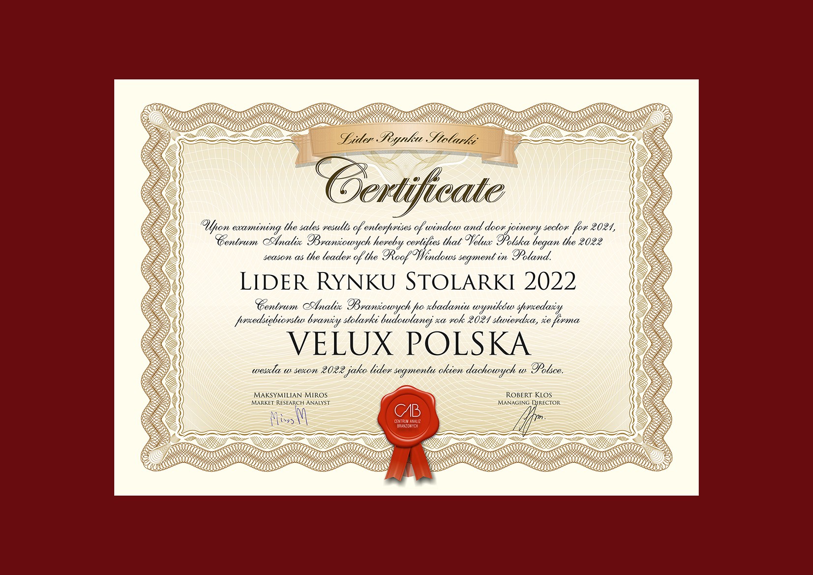 Firma VELUX Liderem Rynku Stolarki 2022 w kategorii okna dachowe