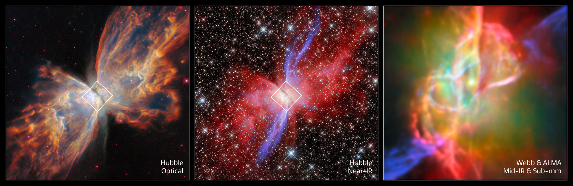 Butterfly Nebula NGC 6302 (Hubble and Webb + ALMA images, side by side) Butterfly Nebula NGC 6302 (Hubble and Webb + ALMA images, side by side)