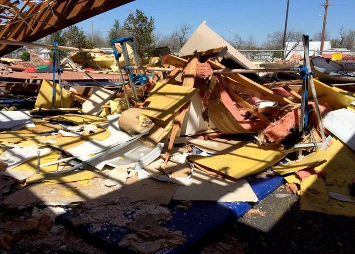 Remains of Aim High Academy's practice center following a tornado.