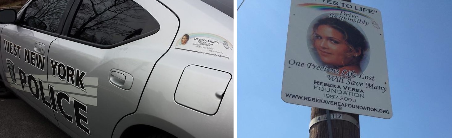 Safe driving reminders can be found around West New York, New Jersey - including a city police car and street signage.