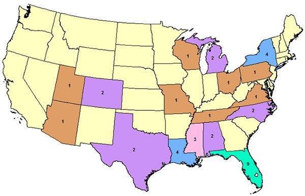 Map indicating the states that had the most lightning-related deaths.
