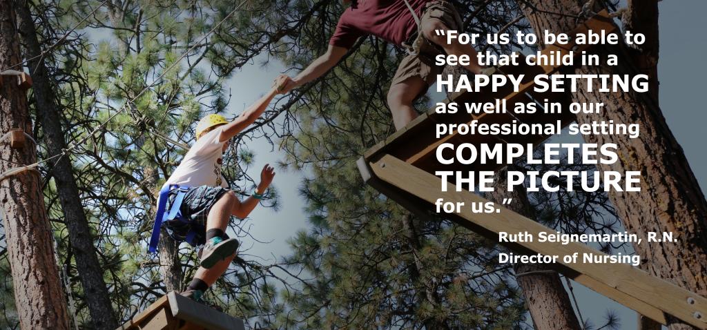 Photo of two tree climbers on platforms with helmuts and safety gear on helping each other to the next platform.  The quote 