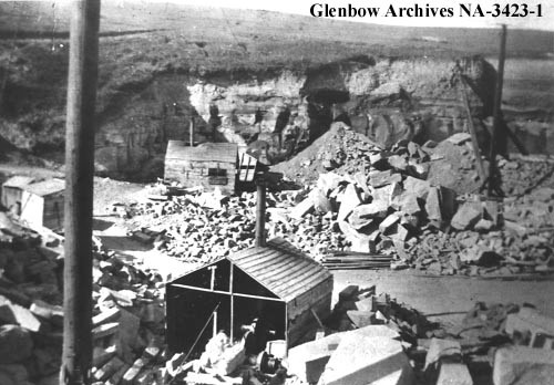 Oliver sandstone quarry, circa 1915. This quarry operated in the gully on either side of 17th Avenue SW. Courtesy Glenbow Archives