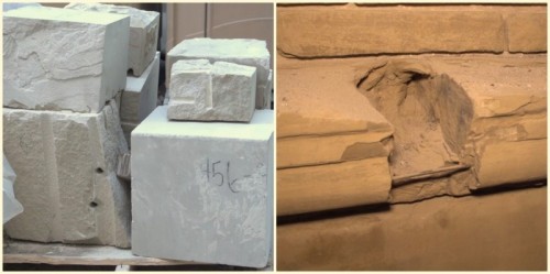 New sandstone blocks such as these pictured on the left were used to make repairs to century-old sandstone, such as that pictured on the right. 98% of the building’s 15,522 pieces of sandstone sandstone received treatment which could include cleaning, structural fortification or replacement