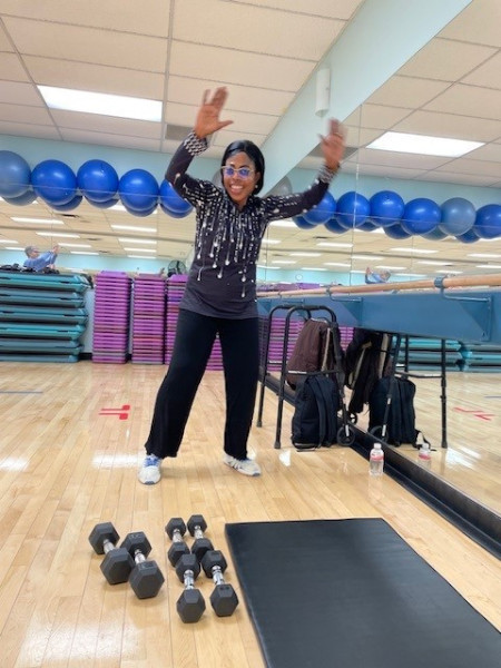 Roxy enjoying a fitness class, now walking independently.