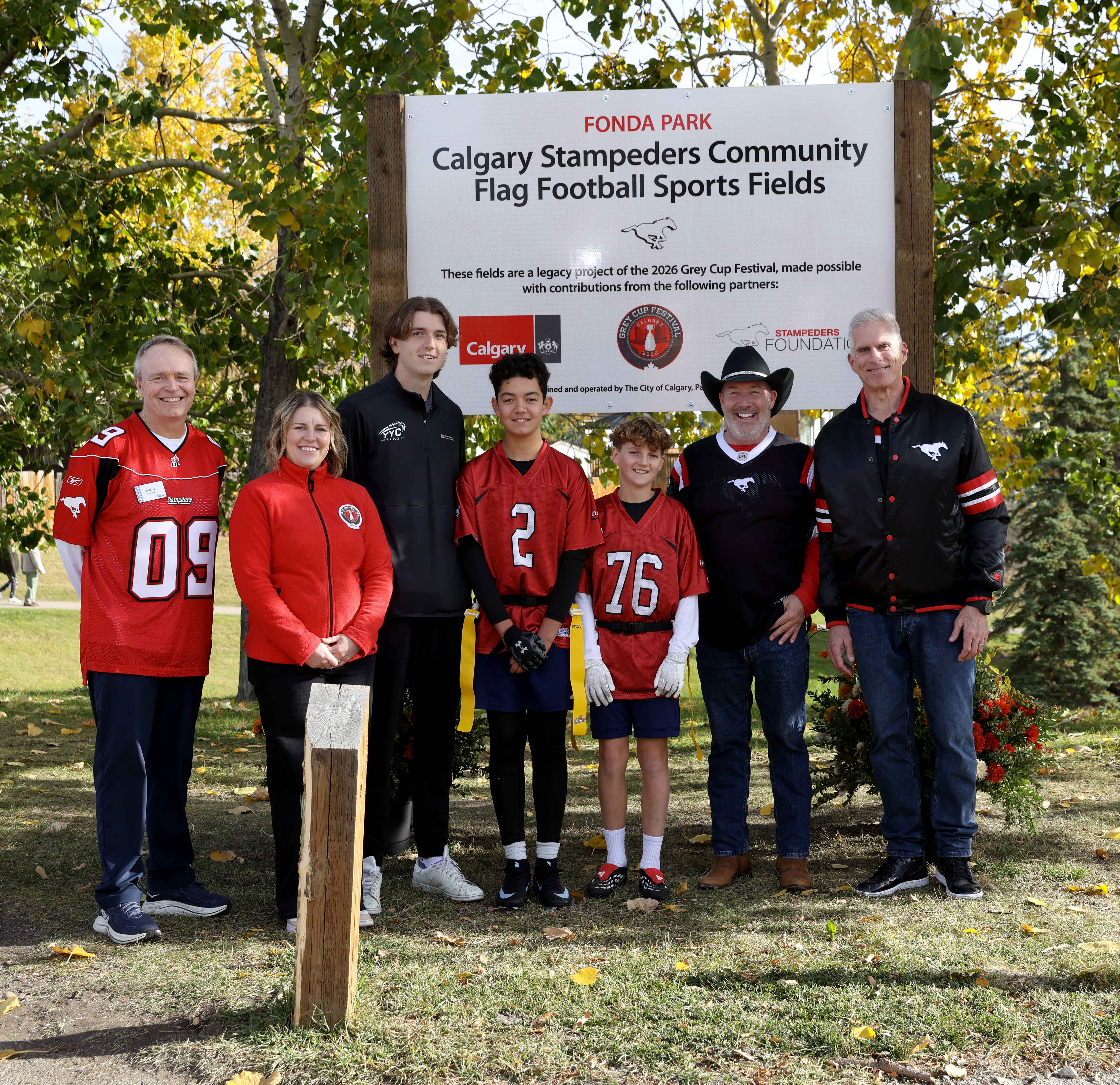 From left to right: Carson Ackroyd (Tourism Calgary); Karen Dommett (2026 Grey Cup Festival); Logan Ruzycki, Dominic Hirtle, Ronin Stastook  (YYC Flag Football); Councillor Dan McLean (City of Calgary); Jay McNeil (Calgary Stampeders).