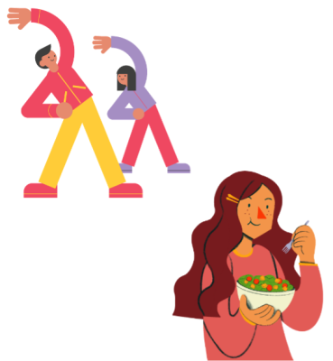 A graphic of two people stretching and another person eating a salad