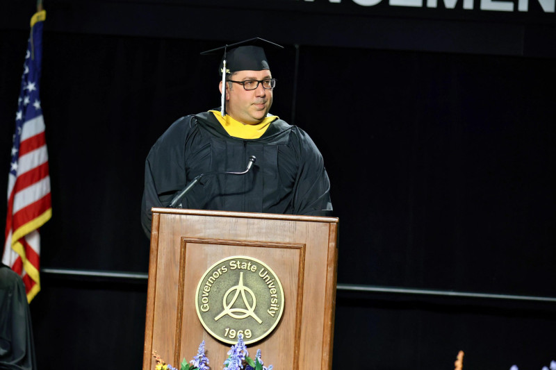Student speaker Brian Skibinski at podium for Commencement 2024