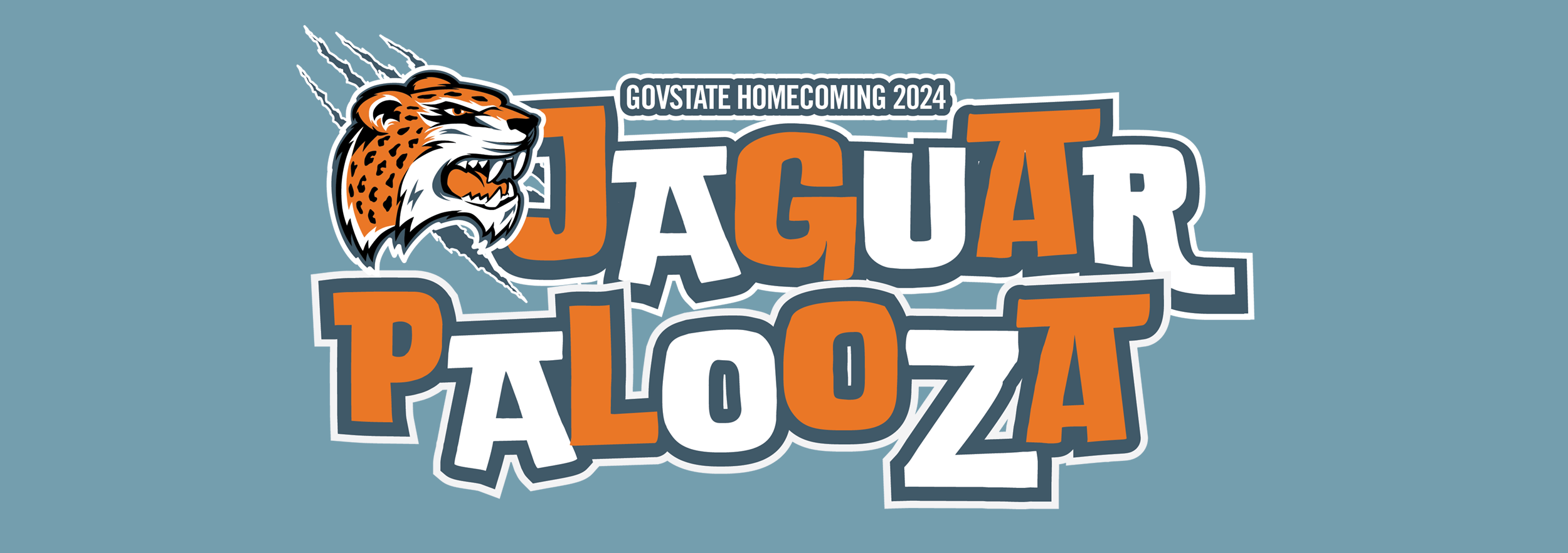Governors State University 2024 Homecoming banner that has Jax logo and words Jaguar Palooza