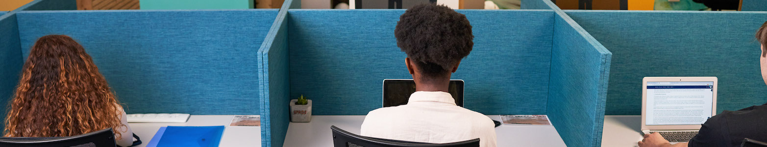 Three young people share coworking space, work side by side with desk dividers. High quality photo