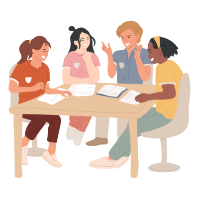 Graphic art of four students sitting at a table working on a project