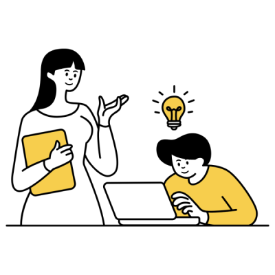 Graphic art of a student taking an online test with an instructor offering guidance