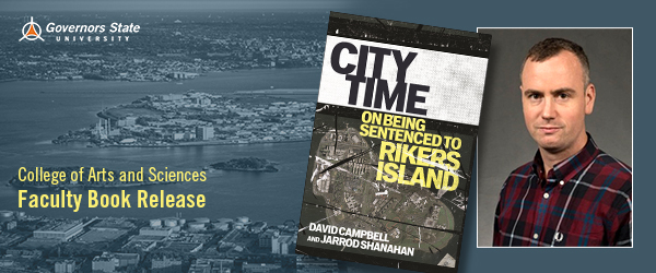 Headshot of Jarrod Shanahan wearing a red and blue plaid shirt next to the cover of his book City Time with a city skyline in the background overlayed by the Governors State University logo