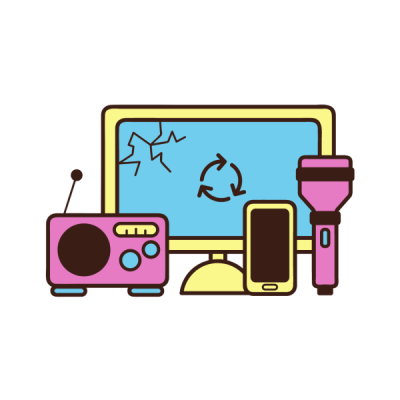 Electronics graphic featuring a radio, computer, smart phone and flashlight